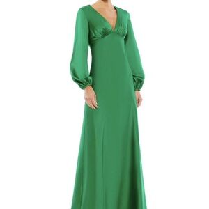 Mac Duggal Emerald Green V-Neck Maxi Dress with Bishop Sleeves